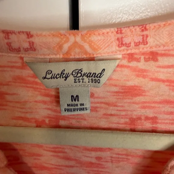 Lucky Brand Orange Boho Print Split Neck Long Sleeve Top Medium - Picture 5 of 5